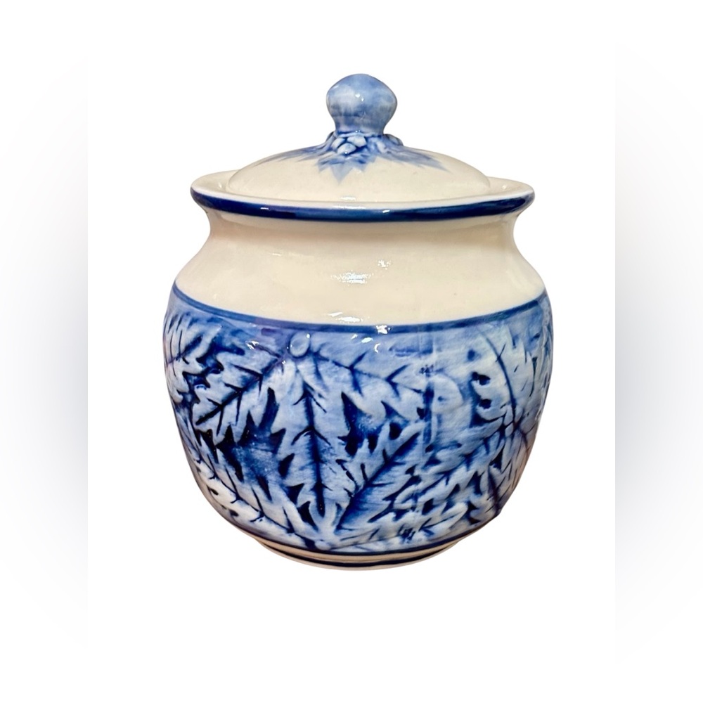Beautiful Blue and White Stoneware Canister with Lid